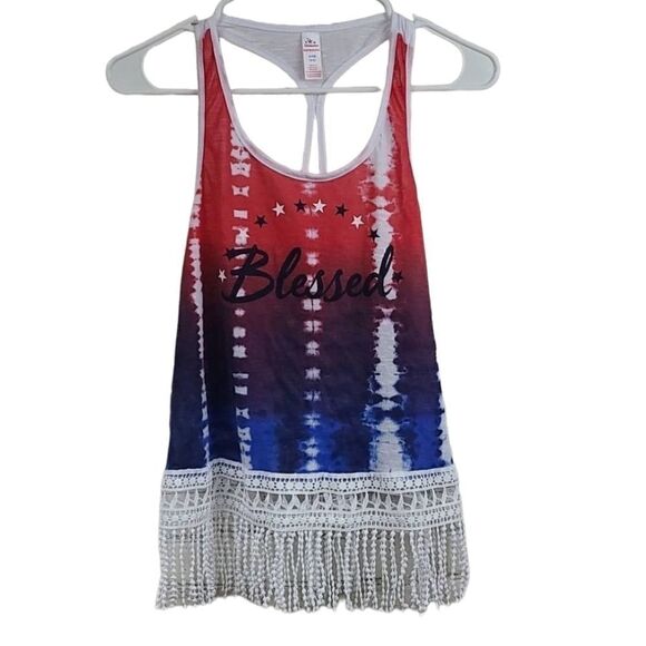 Women's Americana Tie Dye Red White Blue Tee BLESSED Crop Tank Top Lace Fringe - Picture 5 of 8